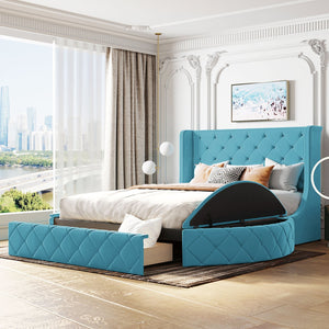 English Elm Upholstered Queen Platform Bed Velvet Wingback Storage Drawer with Side Stools LP100815AAC