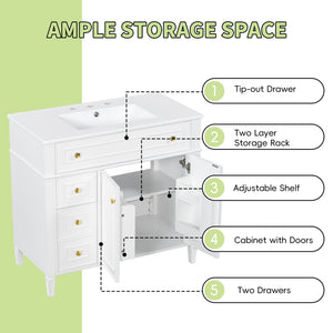 English Elm 36 Inch Freestanding Bathroom Vanity Sage Pine Cabinet Gold Hardware Ceramic Sink White N725P366468K