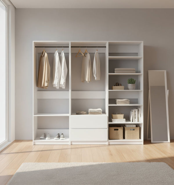 English Elm Prosper Freestanding White Walk-In Wood Closet System – Durable Melamine Oak Finish, Ample Modular Storage B040S00141