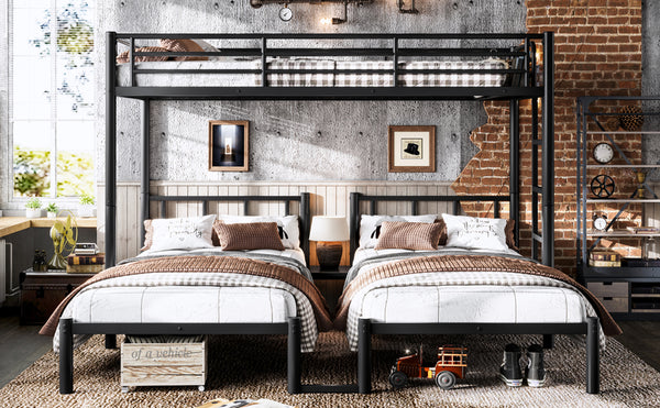 English Elm Twin Triple Bunk Bed Metal L-shaped Frame Sleeps Three Kids White Finish Black W1580S00615