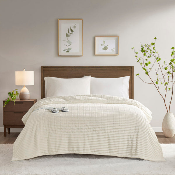 JLA Home Serta - Heated Plush Ribbed Heated Blanket with 10 Heat Settings, Auto Shutoff, Machine Washable, 5-Year Warranty Ivory ST54-0285