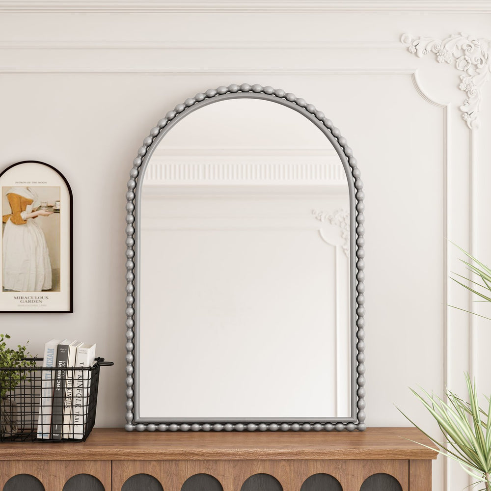 English Elm Iron Arched Vintage Vanity Mirror with Decorative Ironwork Frame for Wall or Table Display, Elegant Reflection Enhancer Silver W757P266595