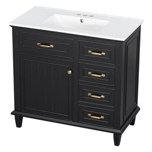 English Elm 36 Inch Bathroom Vanity With Ceramic Sink Top, Solid Wood Frame & Smart Storage Solutions For Style N725P336554B