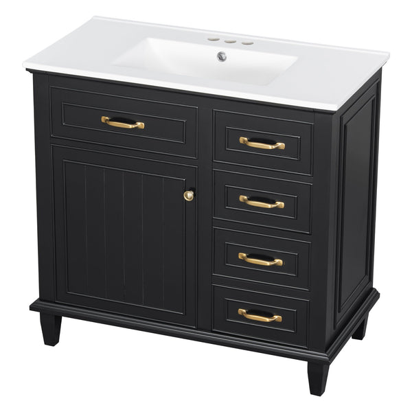 English Elm 36 Inch Bathroom Vanity With Ceramic Sink Top, Solid Wood Frame & Smart Storage Solutions For Style N725P336554B