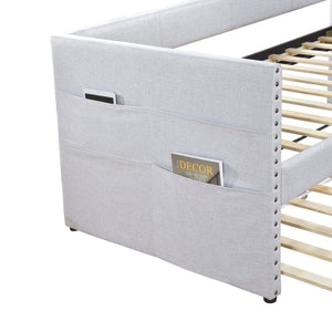 English Elm Modern Upholstered Daybed with Pull Out Trundle Nailhead Trim and Side Storage Pockets Light Gray B011P419504