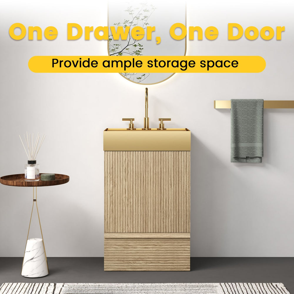 English Elm Gada Fluted Sage Freestanding Bathroom Vanity with Brushed Brass Vessel Sink Cabinet Light Oak W1865S00217