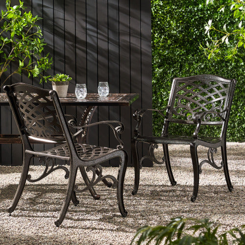 English Elm Phoenix Cast Aluminum Outdoor Dining Arm Chairs Ornate Lattice Scroll Garden Patio Set Bronze N776P381164B