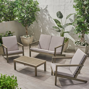 English Elm Christopher Knight Home® - LEAH 4PC Chat Set Beige Acacia Wood Outdoor Patio Sofa Chairs Loveseat Coffee Table, Water-Resistant Cushions 65909.00GRY