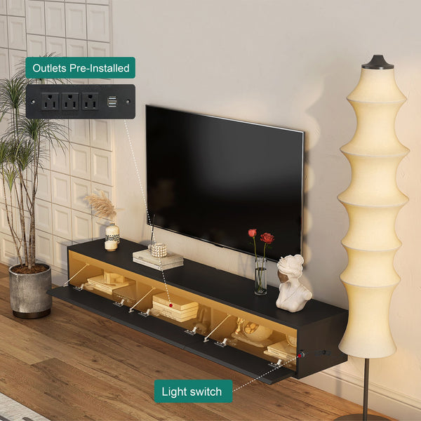 English Elm Floating Wall TV Stand with LED Touch Light, High-Gloss Black Cabinet, 3 Plugs 2 USB Ports, Cord Management W1321P176417