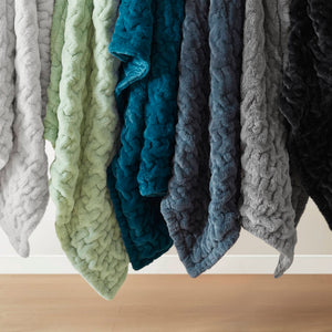 JLA Home Madison Park - Faux Ruched Faux Fur Throw with Reversible Faux Mink Backing, OEKO-TEX Certified, Machine Washable Luxury Sage Green MP50-8800