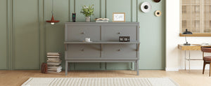 English Elm Queen Murphy Cabinet Bed Solid Pine Build with Usb Charging and Fold Out Desktop Grey W504S00167
