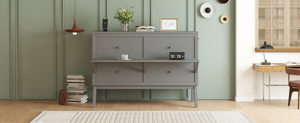English Elm Queen Murphy Cabinet Bed Solid Pine Build with Usb Charging and Fold Out Desktop Grey W504S00167
