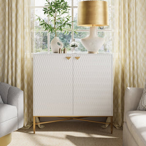 English Elm White Modern 2-Door Locker Accent Cabinet with Raised Diamond Front, Brass Tapered Legs, Storage Elegance T3609P333096