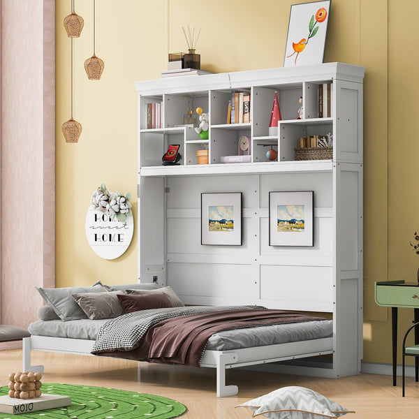 English Elm Queen Murphy Wall Bed Cabinet with Integrated Shelves Usb Charging Space Saving Design White LP006668AAK-1