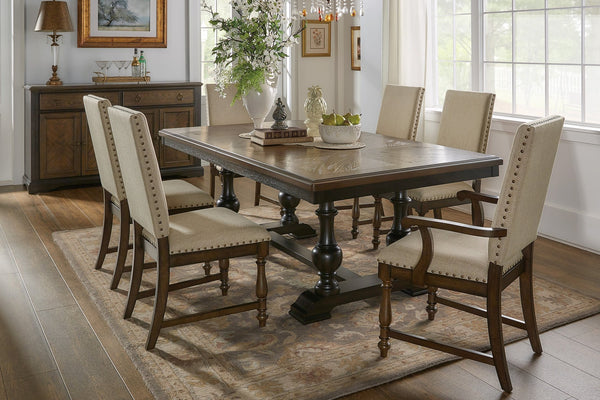 English Elm Traditional Oak Walnut Veneer Extendable Dining Set with Nailhead Upholstered Seating B011S00921
