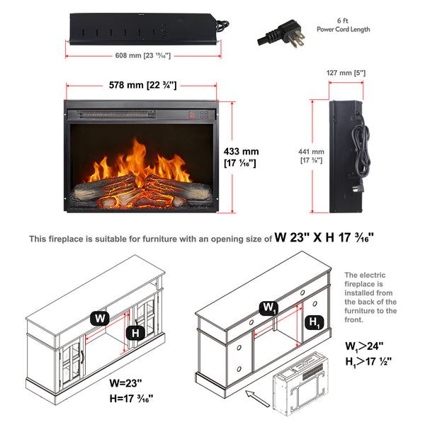 English Elm 23 Inch Electric Fireplace Insert Ultra Thin Led Log Flame Heater with Remote Timer W1769P345281