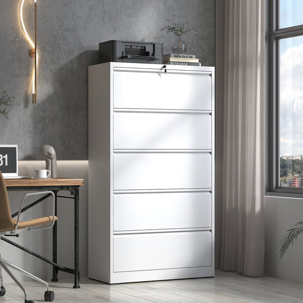 English Elm 5 Drawer Steel Lateral Filing Cabinet Lockable Home Office Organizer Matte Finish White T2398S00006