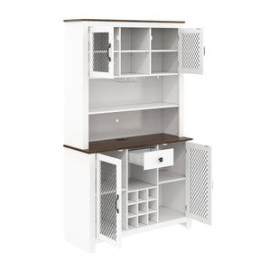 English Elm 70.9" Farmhouse Hutch Pantry with Led Lighting Wine Rack Mesh Doors and Built-in Power White CH361426AAK