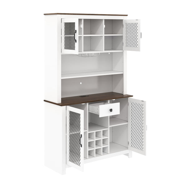 English Elm 70.9" Farmhouse Hutch Pantry with Led Lighting Wine Rack Mesh Doors and Built-in Power White CH361426AAK