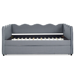 English Elm Full Size Gingham Linen Daybed with Wave Backrest Trundle and Usb Charging Port Navy W1413S00140