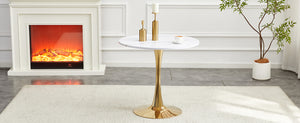 English Elm Round Faux Marble Tulip Pedestal Dining Table Mid Century Modern for Small Bistro Spaces Gold+White W2920P400992