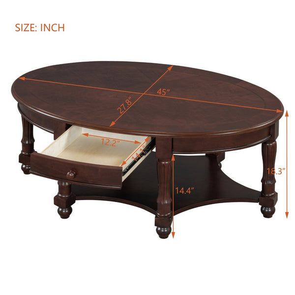 English Elm Vintage Oval Coffee Table With Drawer And Open Shelves, French Country Style Accent Table In Walnut N735P277388D-GIGA