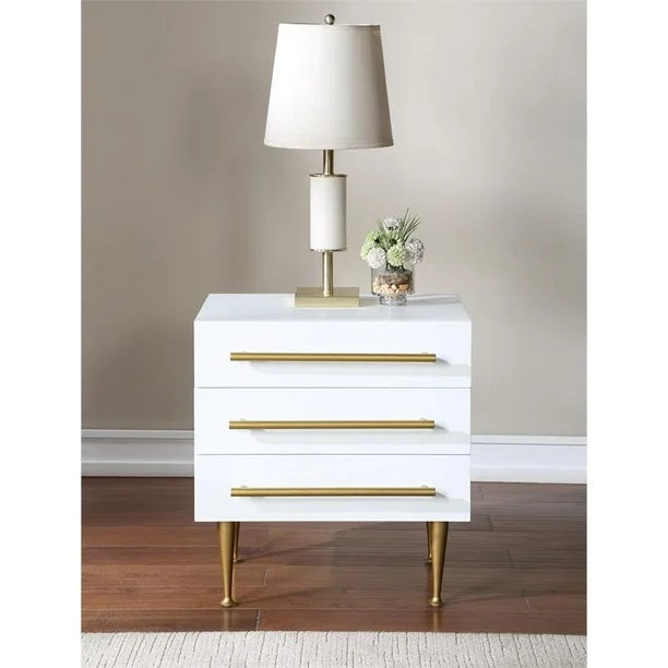 English Elm Modern White Nightstand with Gold Accents and Soft-Close 3 Drawers — Chic Wooden Bedside Table Gold+White 27 L x 21 W x 21 H B011P353750