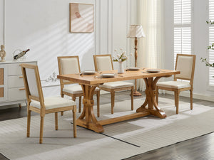 English Elm French Louis Dining Chair Set of 2 with Rattan Back, Solid Wood Carved Frame, Linen Upholstery, 300lb Capacity Beige W1143P325857