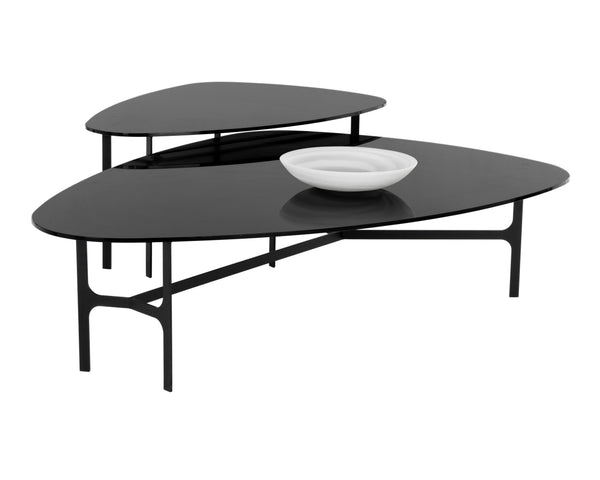 Sunpan Kiernan Coffee Table - Stylish Mid-Century Design with Curved Black Glass Top & Matte Metal Frame
