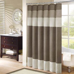 JLA Home Madison Park - Faux Silk Dupioni Shower Curtain with Pintuck Color‑Block Panels, Lightweight Drape, Machine Washable Natural MP70-223