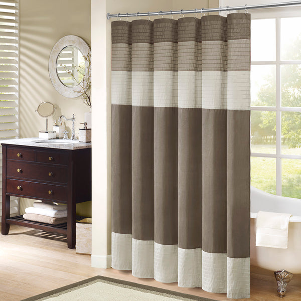JLA Home Madison Park - Faux Silk Dupioni Shower Curtain with Pintuck Color‑Block Panels, Lightweight Drape, Machine Washable Natural MP70-223