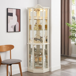 English Elm Lighted Corner Curio Cabinet With Adjustable Shelves, Elegant Carved Design & Integrated Lighting - White W1758P300128