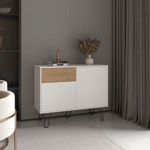 English Elm Tori 39" Console Table with Dual Cabinets, Drawer & Shelves — White & Natural Oak, Modern Storage Elegance B200P335294