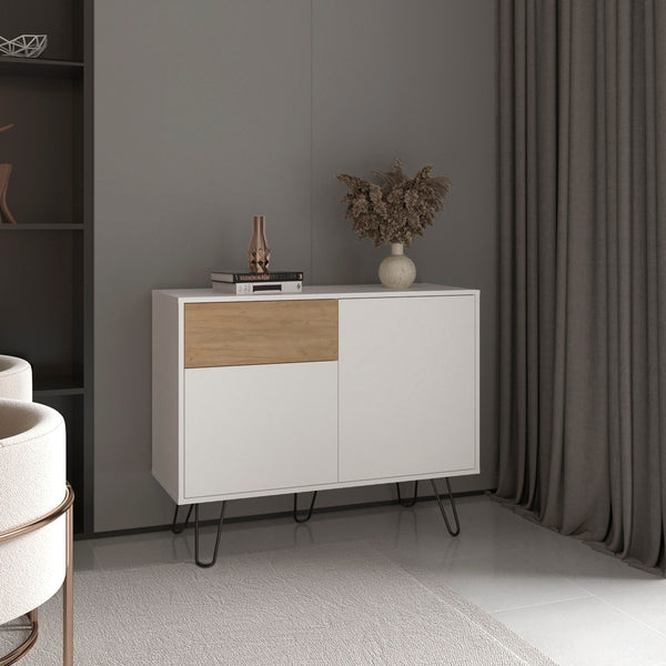 English Elm Tori 39" Console Table with Dual Cabinets, Drawer & Shelves — White & Natural Oak, Modern Storage Elegance B200P335294