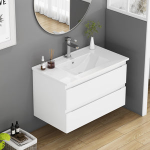 English Elm 32-Inch Wall-Mounted Bathroom Vanity With Soft-Close Sink, Double Drawers, Modern Design & Easy Install W3151S00047