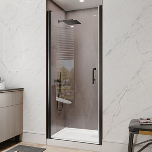 English Elm 32-34 in Frameless Pivot Shower Door Clear Tempered Glass with Matte Black Hardware W63777029
