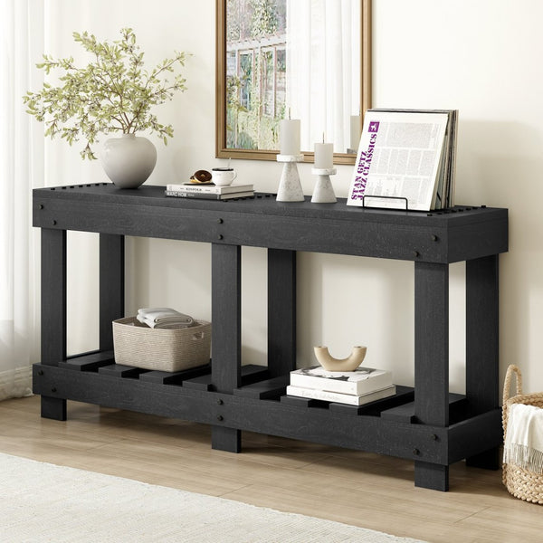 English Elm U_Style 62.9" Vintage Entryway Table - Solid Fir Wood With Rustic Design, 6 Legs & Ample Storage Space N711P289135B-GIGA