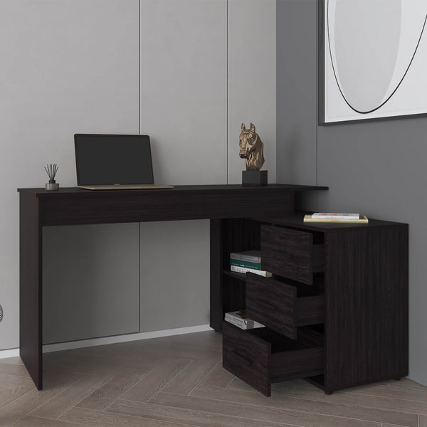 English Elm Upton L-Shape Desk in Black Wengue Finish — Corner Space-Saving Home Office with Open Shelves B200P362021