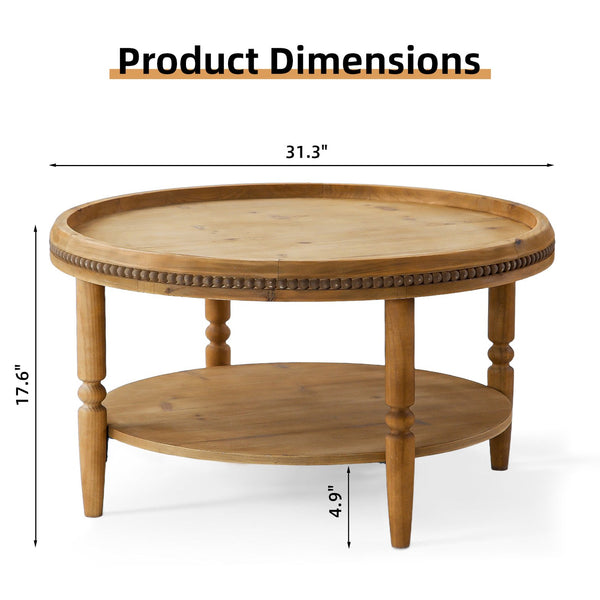 English Elm 31.3" Round Boho Coffee Table Walnut Brown – 2-Tier Rustic Solid Wood Accent Table with Beaded Trim W3306P318860