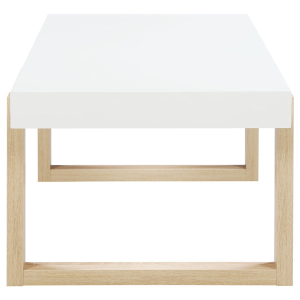 English Elm Gwen High Gloss White Coffee Table With Natural Wood Sled Base - Modern Minimalist Centerpiece B062P333453