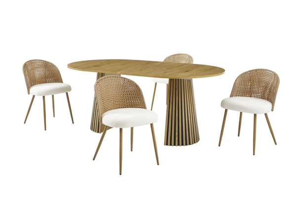 English Elm Solid Wood Extendable Dining Set with Woven Rattan Iron Frame Chairs Bohemian Style W3590S00015