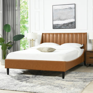 English Elm Aspen Vertical Tufted Modern Headboard Platform Bed Set, Queen, Caramel Tan Brown Faux Leather