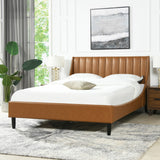 Modern Queen Bed Set in Caramel Faux Leather, Tufted Headboard, Solid Wood Frame