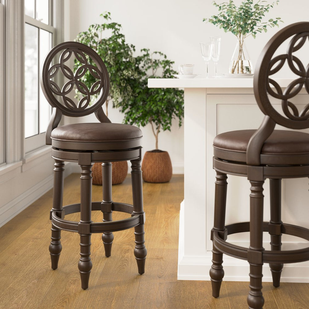 English Elm 26" Solid Wood Swivel Counterstool High Back Faux Leather Seat for Kitchen Island Walnut B2751P436475