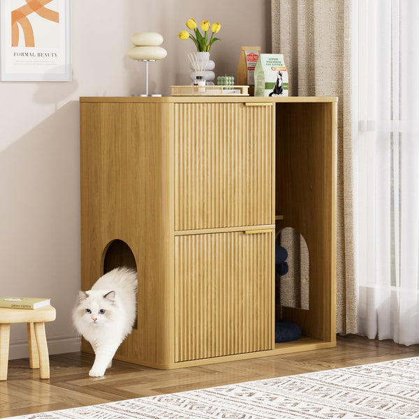 English Elm 31.5-inch Grooved Wood Cat Litter Cabinet with Integrated Tree Mid-century Pet Furniture Natural W1162P407685