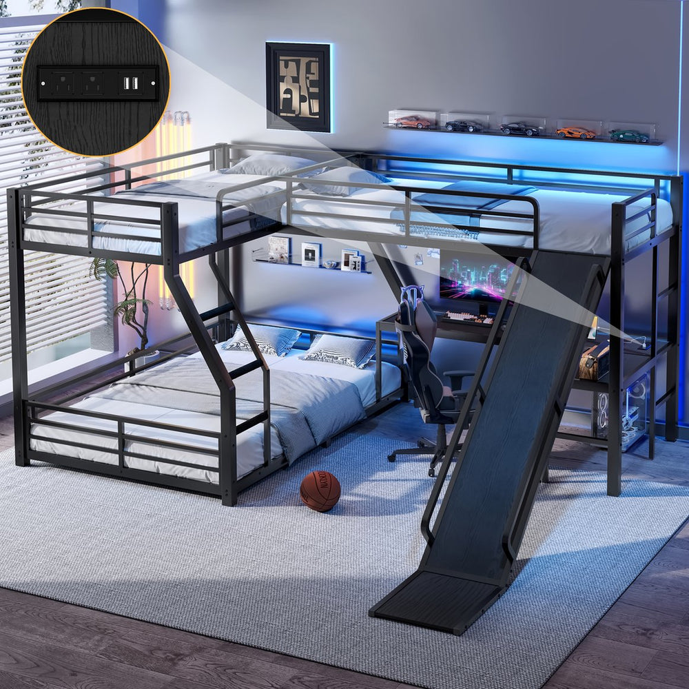 English Elm L-Shaped Triple Bunk Bed With Slide, Usb Ports, And Space-Saving Design For Kids & Teens, Black W1580S00277