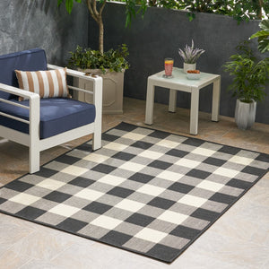 Christopher Knight Home® - Noble House - Crossroads Outdoor 5'3" X 7' Check Area Rug, Black and Ivory