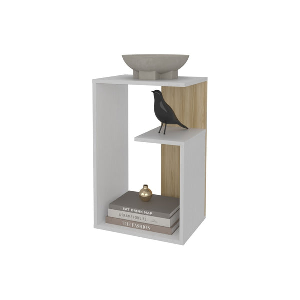 English Elm Vega Modern Side Table With Open Shelving, Stylish White And Light Oak Finish For Small Spaces B128P287507-GIGA