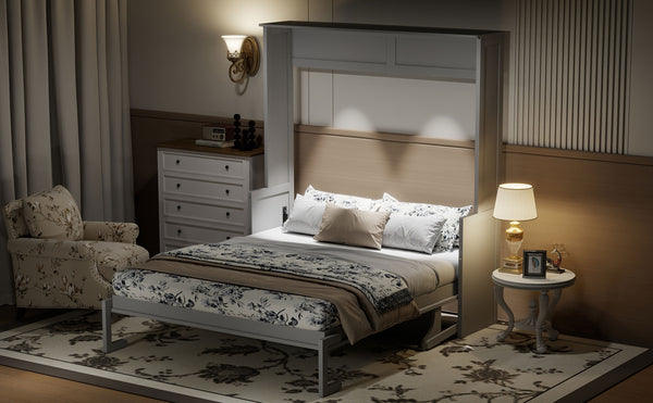 English Elm Queen Murphy Bed with Desk, Built-In LED Lights, USB Charging Ports & Space-Saving Modern Design Gray N7500004014E