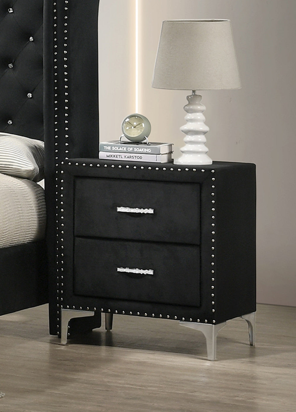 English Elm 1pc Glam Style Two-Drawer Nightstand Upholstered Fabric with Nailhead Trim, Tufted, Tempered Glass Top, Modern Bedroom Storage B011P288732